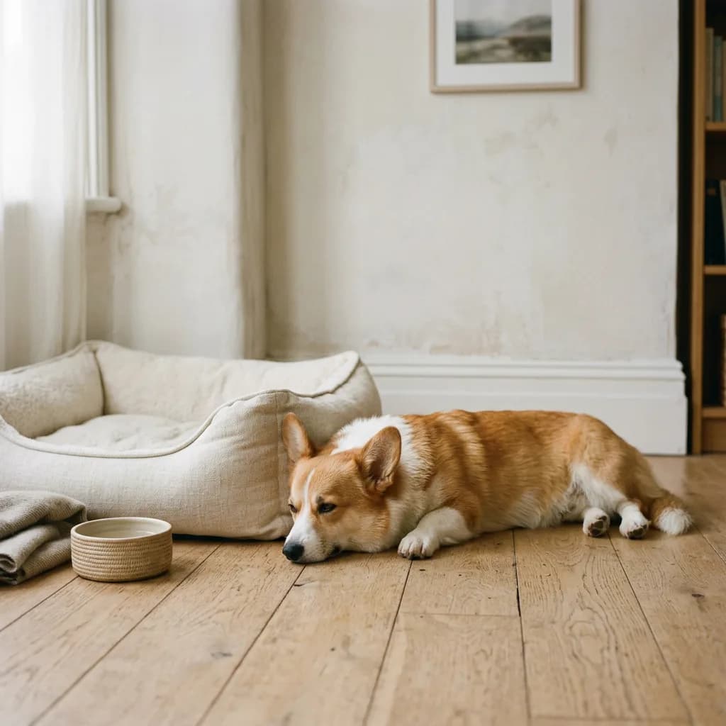 柴犬坐在浅木色地板上