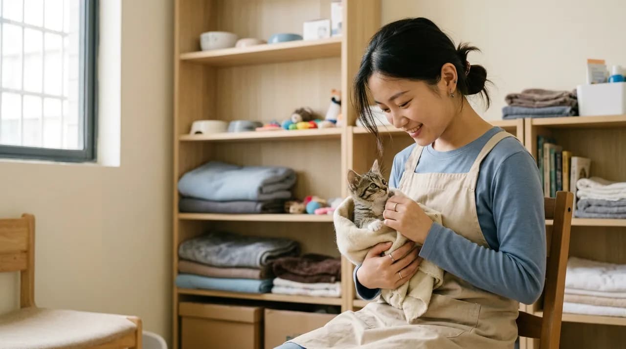 志愿者在救助站抱着一只小狸花猫