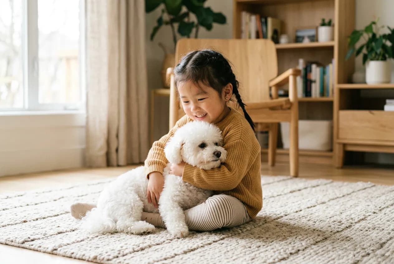 小女孩抱着比熊坐在地毯上