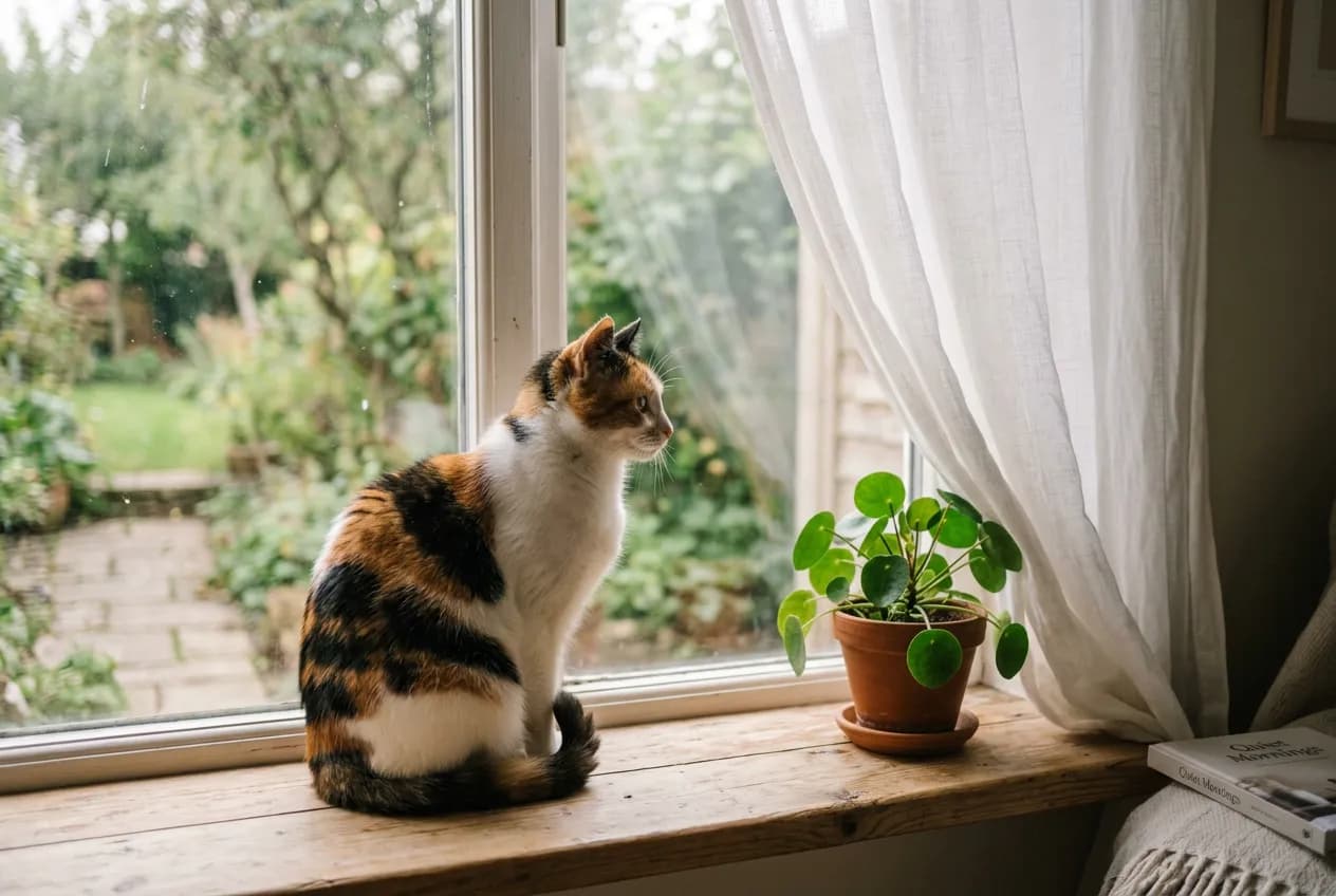 三花猫坐在洒满秋日阳光的窗台上