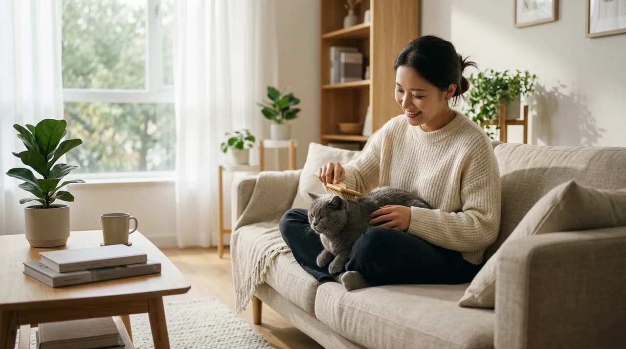 女生在沙发上给英短猫梳毛