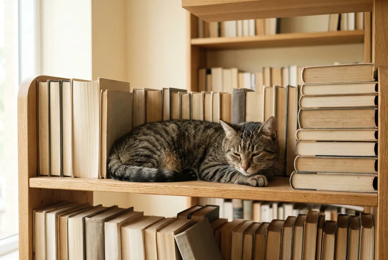 狸花猫趴在书架上的书堆之间