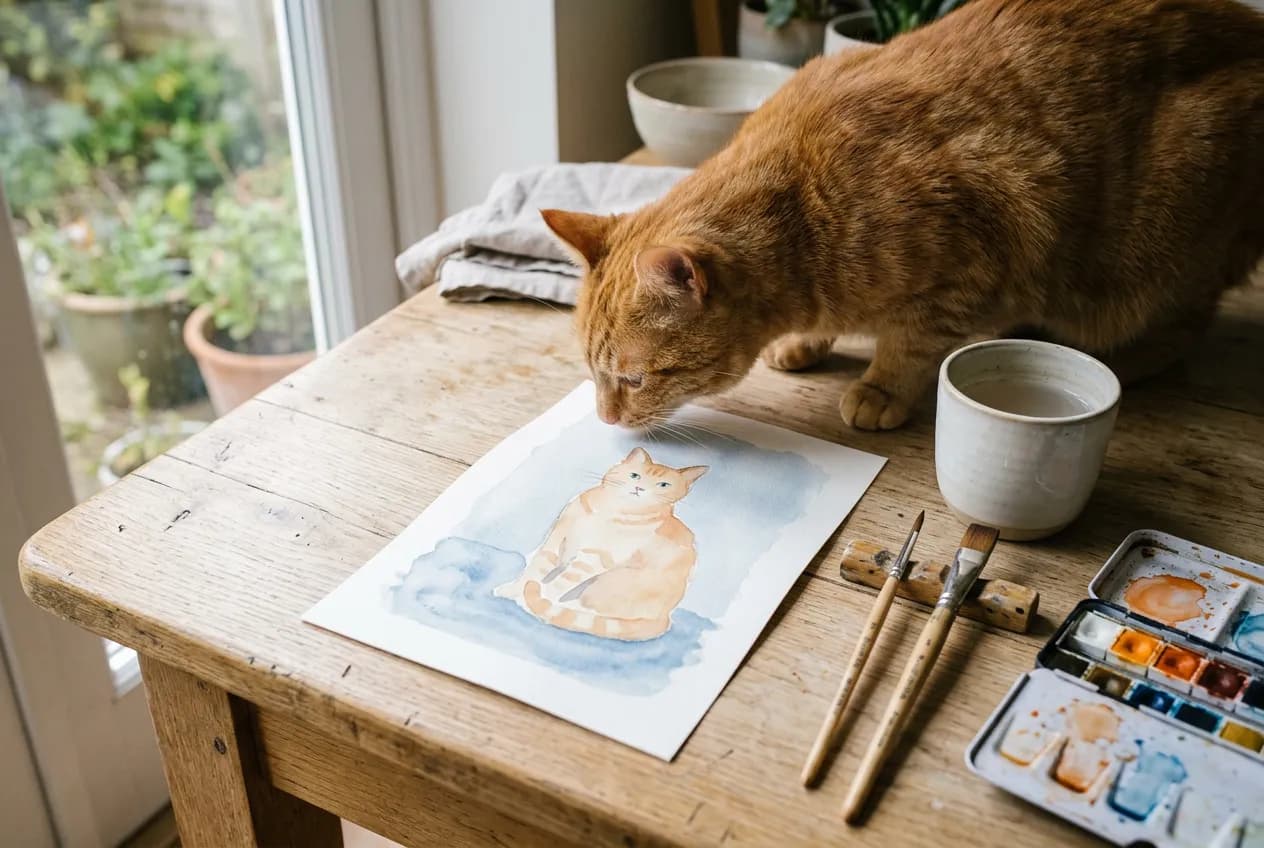 木桌上一幅橘猫水彩画，旁边真的橘猫在闻画纸