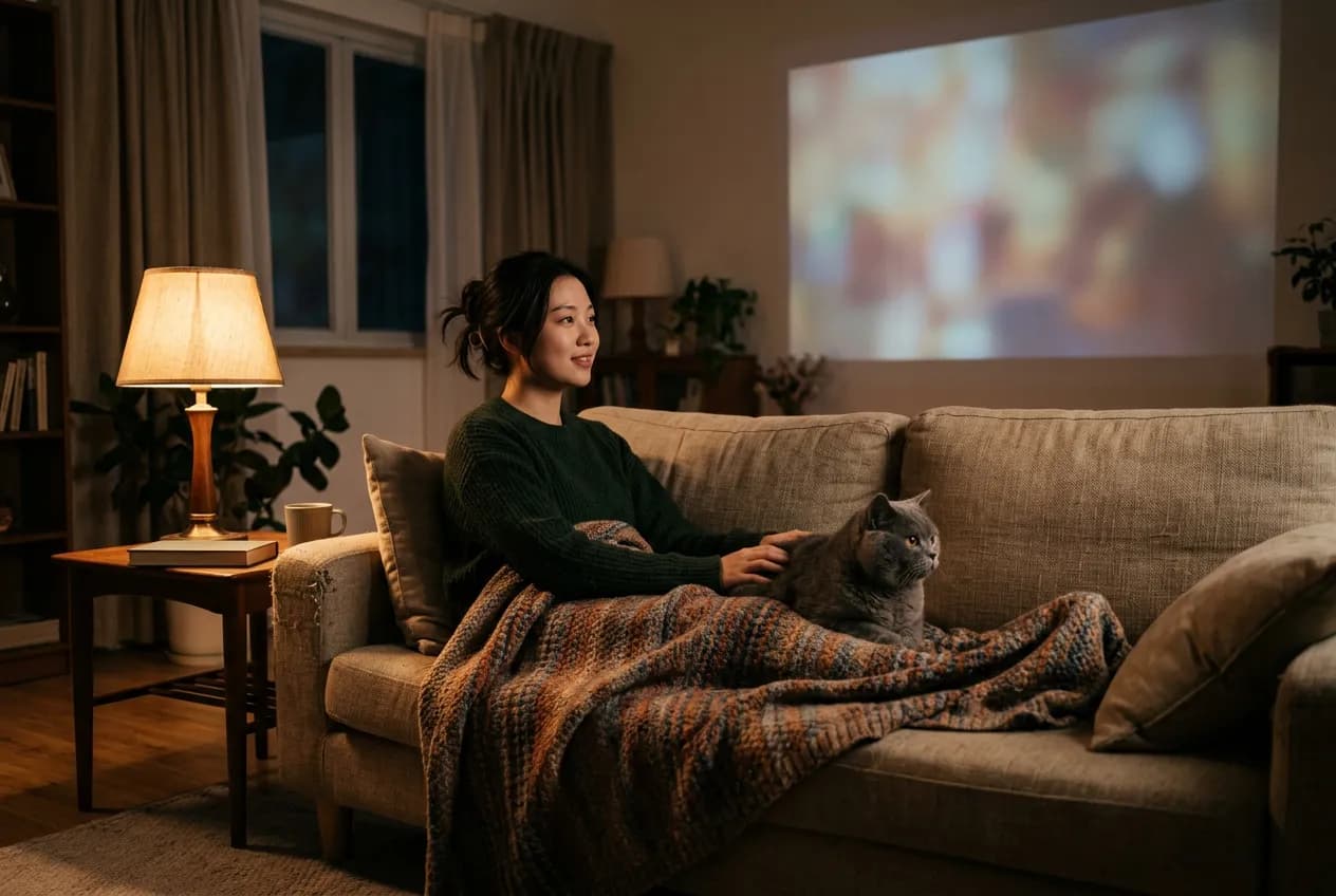 女生和英短猫盖着毯子看投影