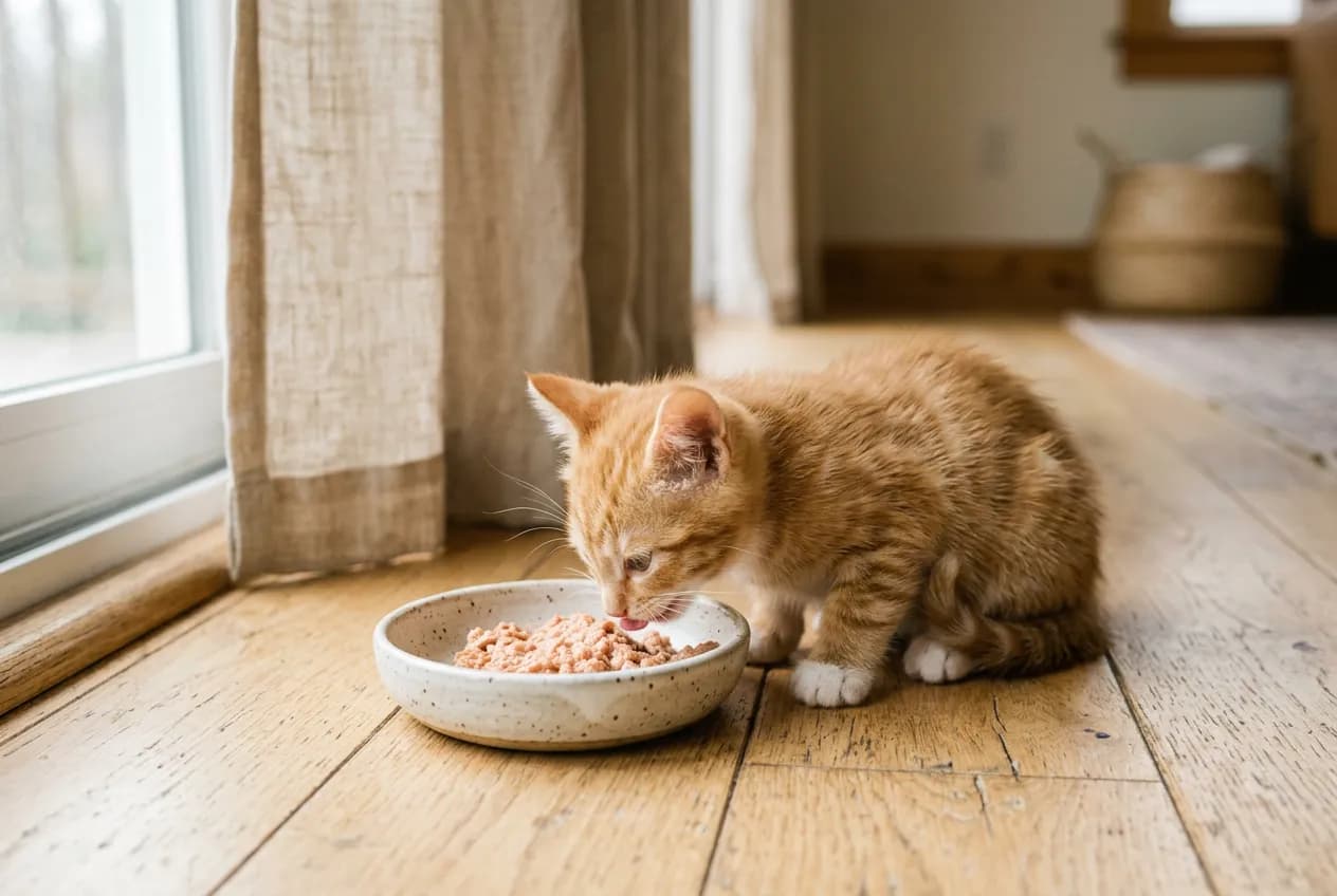 小橘猫在木地板上低头吃陶瓷碗里的湿粮