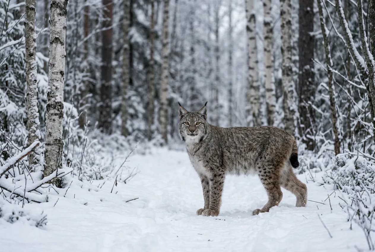 猞猁站在下雪的白桦林里
