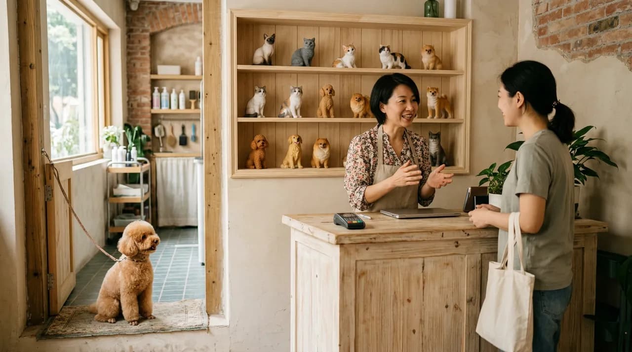 宠物店前台，店主和顾客交谈，身后木架上摆着猫狗手办
