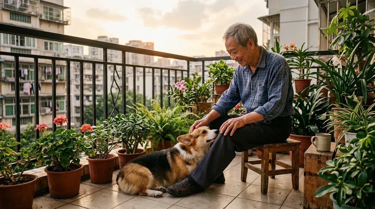 老人坐在阳台的木凳上，柯基把头靠在他膝盖上