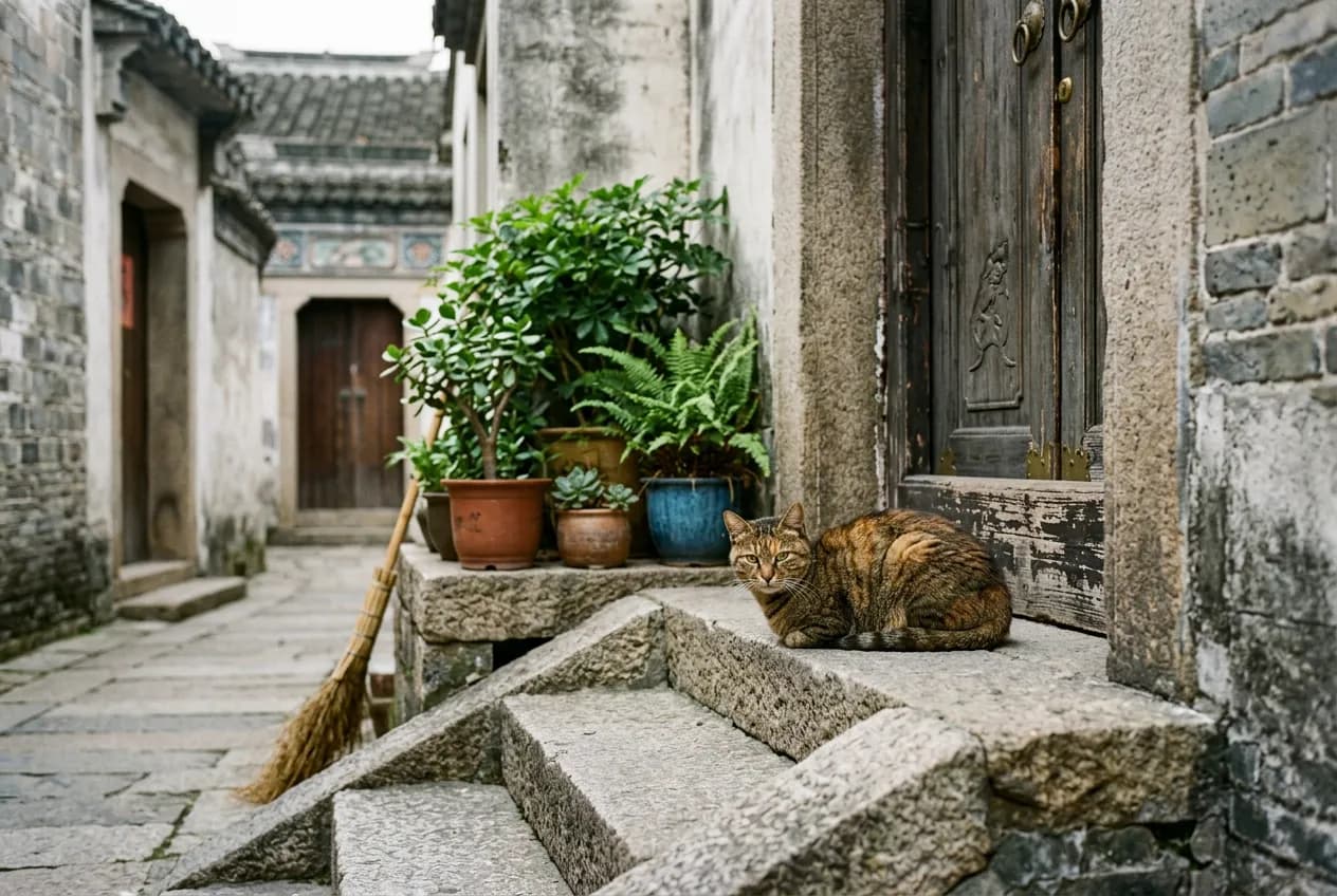 狸花猫坐在老街的石阶上
