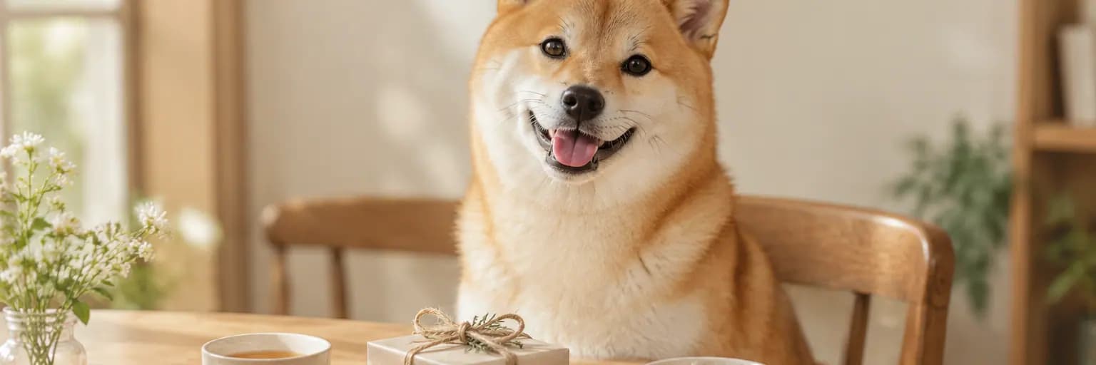 暖光茶桌边，柴犬坐在礼盒旁