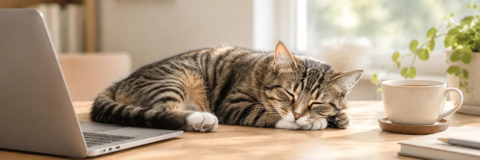 窗边的家里小书桌，狸花猫在桌上睡着
