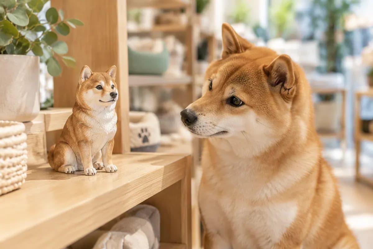 门店木架上的柴犬小像，真柴犬坐在一旁