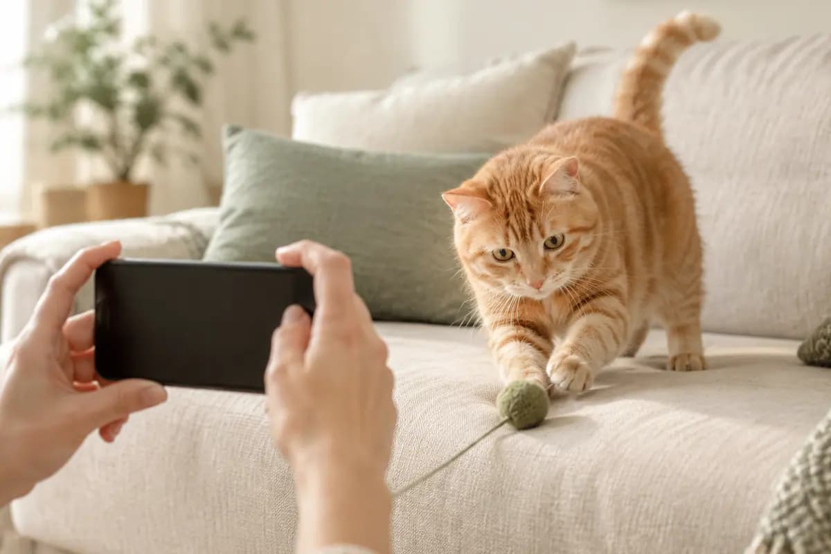 沙发上的橘猫，正被举起的手机拍下来