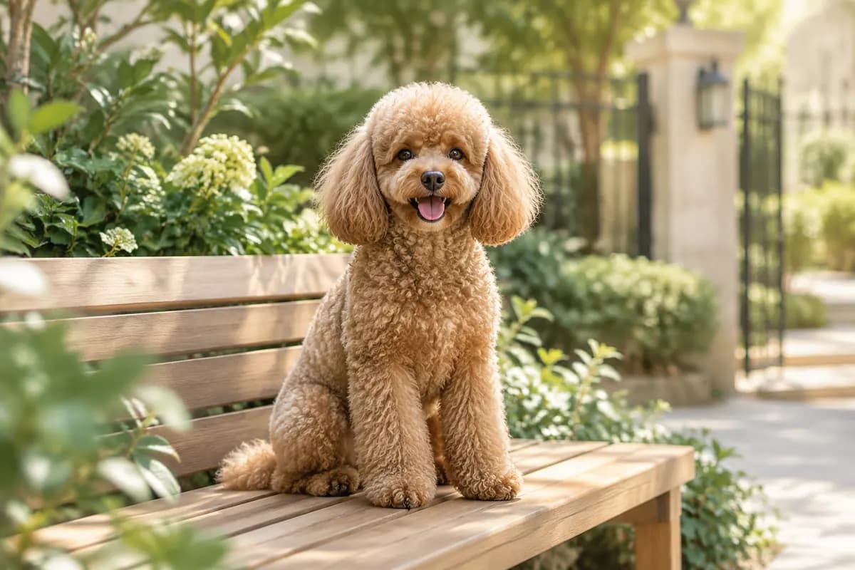小区花园门口的长椅上，贵宾犬坐着