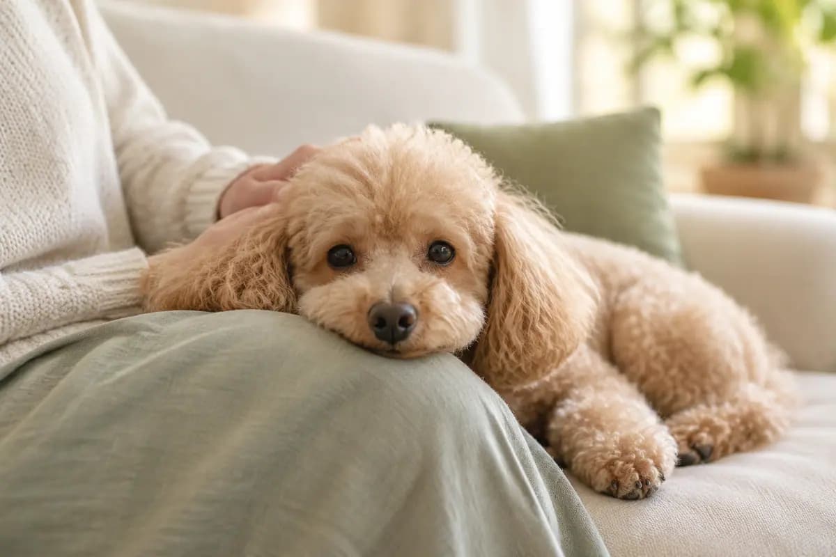 贵宾犬把下巴搁在腿上，一只手轻抚着它