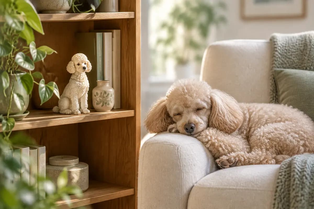 客厅书架上的贵宾犬小像，真贵宾犬在扶手椅上打盹