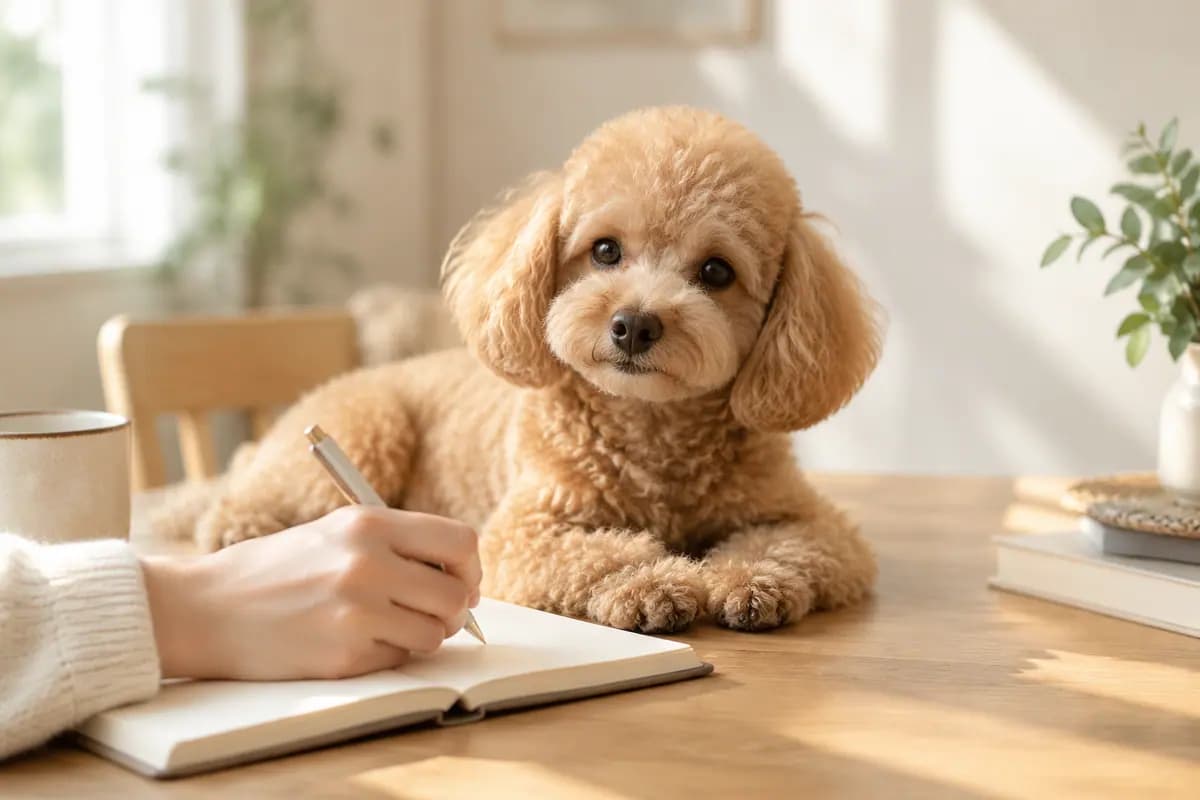 手边的本子记着事，贵宾犬趴在一旁