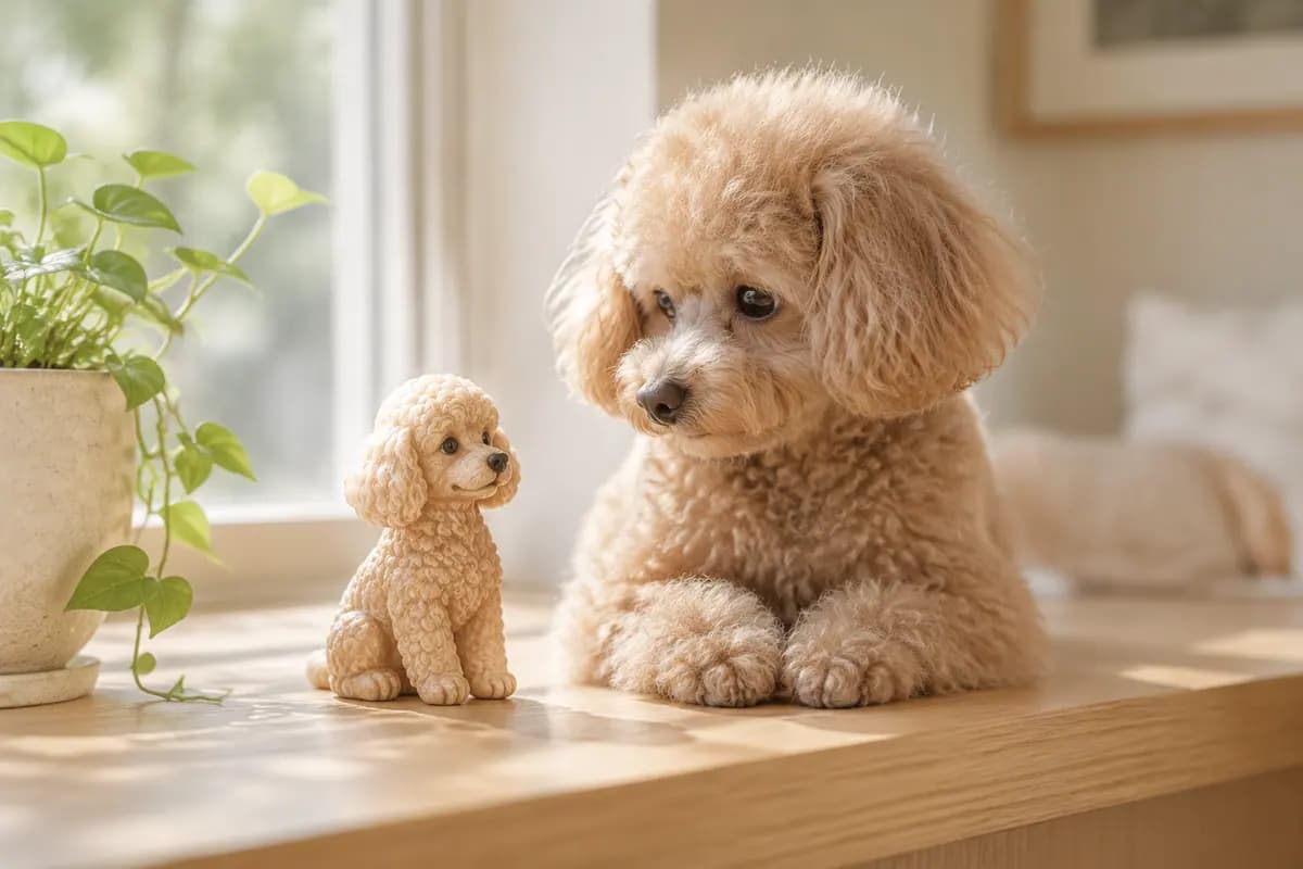 窗台绿植旁的贵宾犬小像，真贵宾犬好奇地看着它