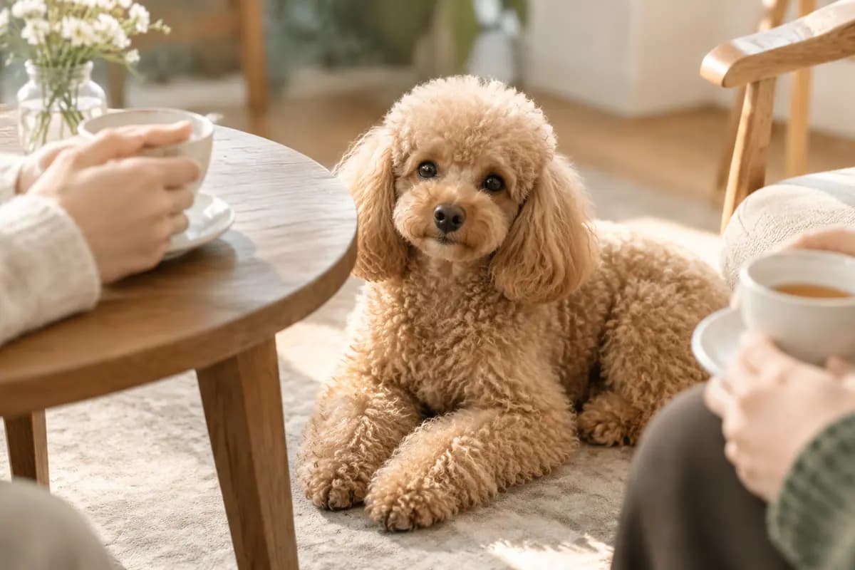 茶桌边两人在聊，贵宾犬安静地趴在一旁
