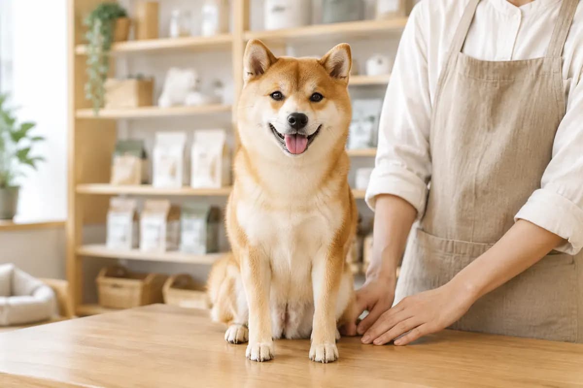 明亮的宠物店柜台上，柴犬端坐着