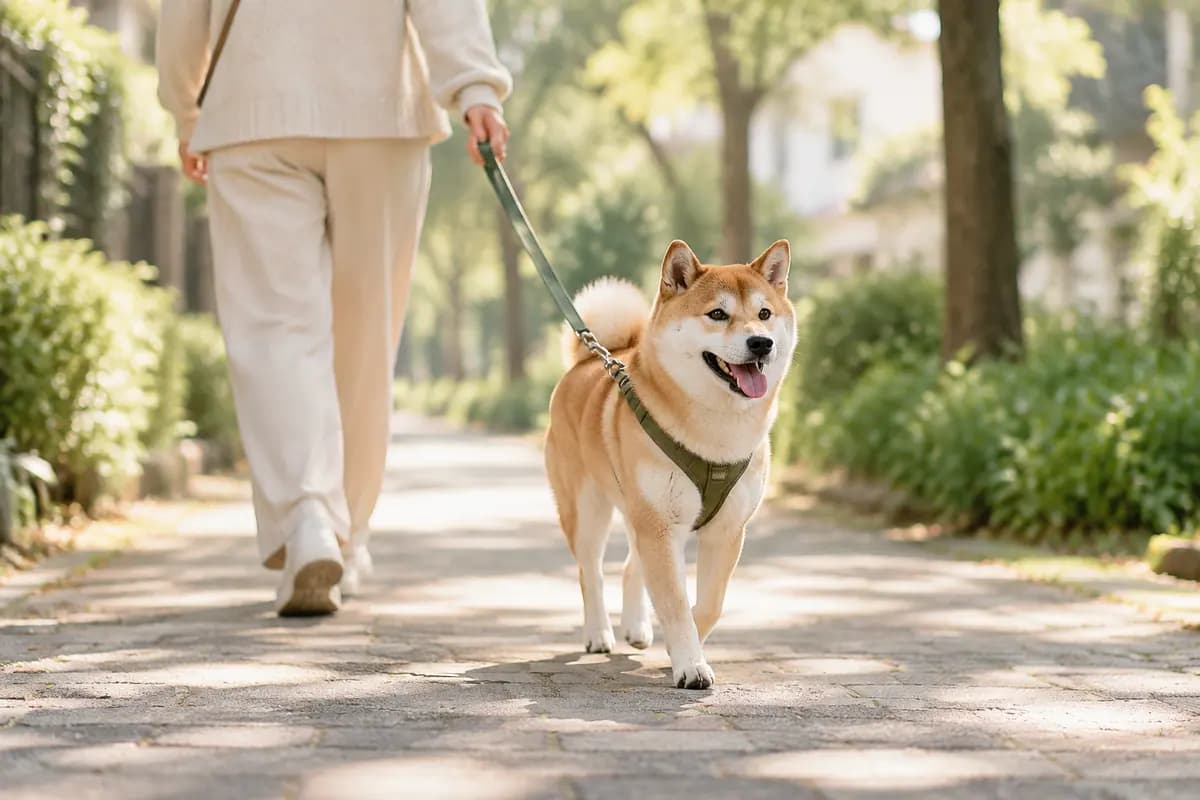 清晨的小区林荫道上，牵着柴犬散步