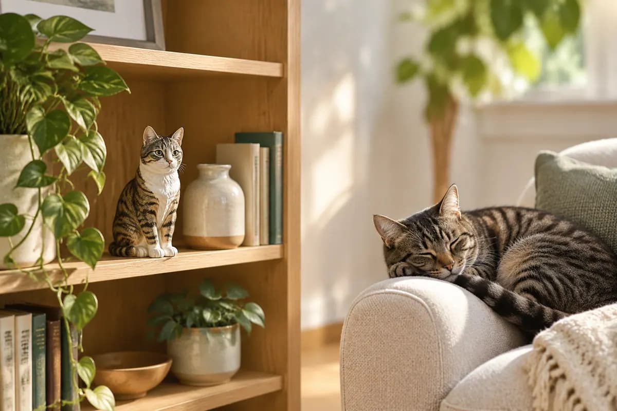 客厅书架上的狸花猫小像，真狸花猫在扶手椅上打盹