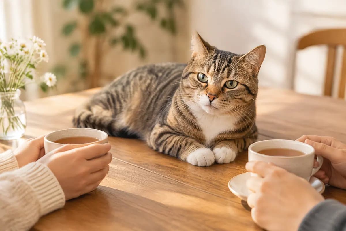 茶桌边两人在聊，狸花猫安静地趴在一旁