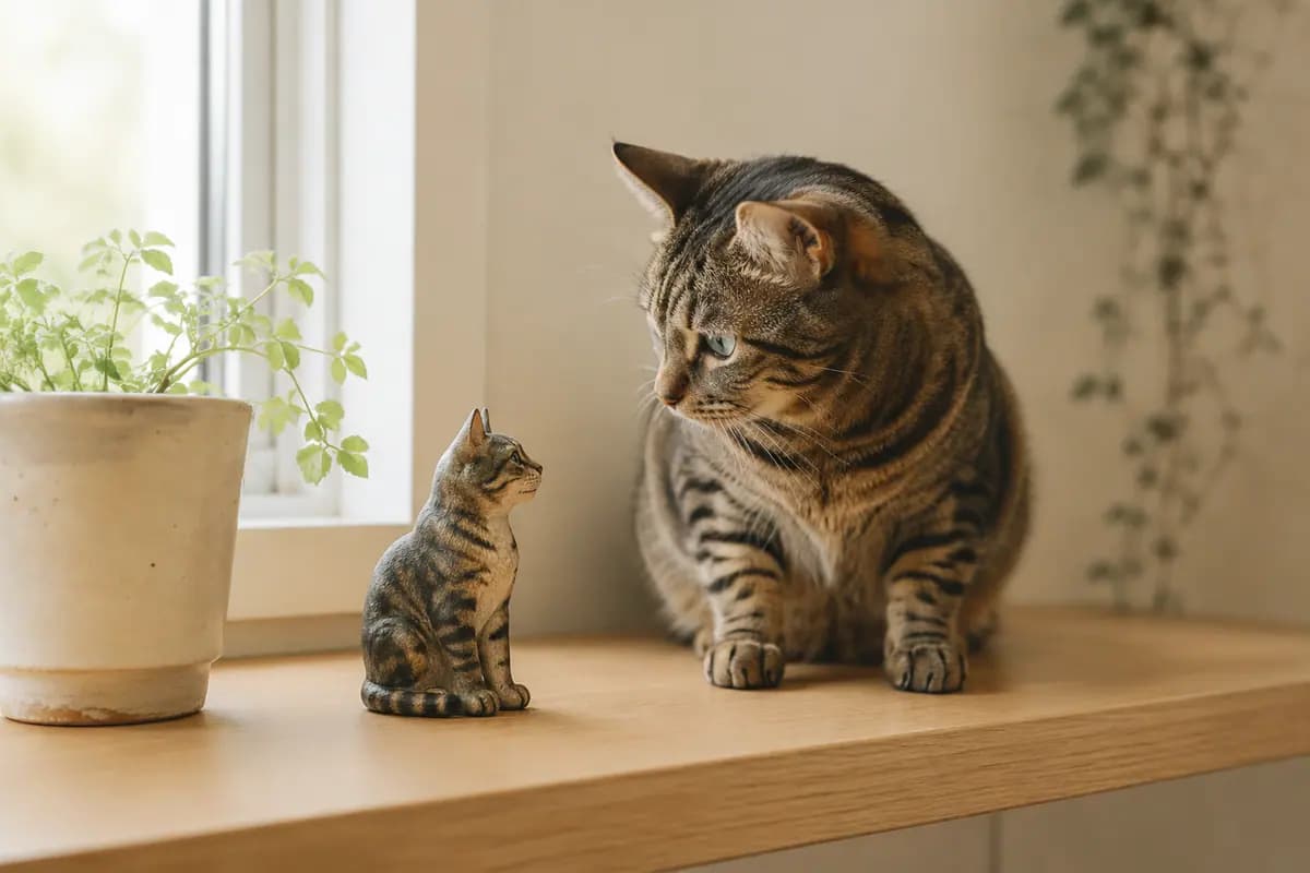 窗台绿植旁的狸花猫小像，真狸花猫好奇地看着它