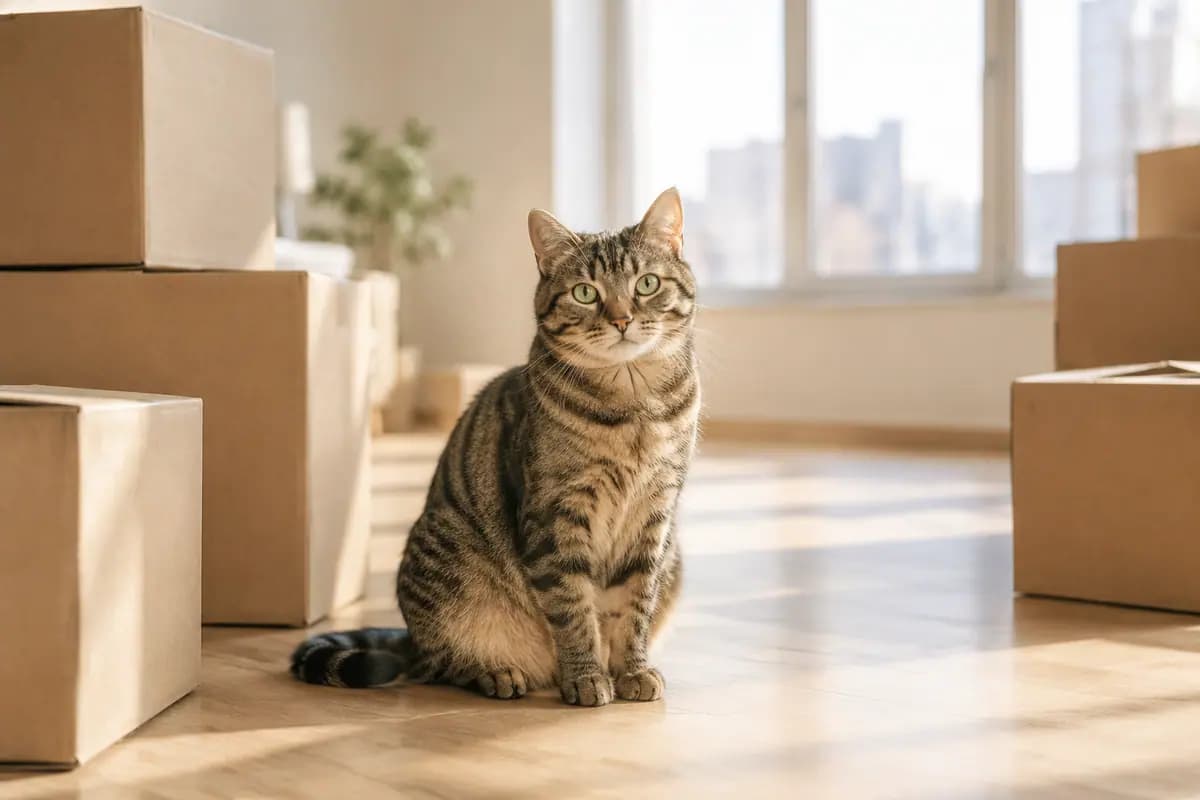 搬家的纸箱中间，狸花猫坐在新家的阳光里