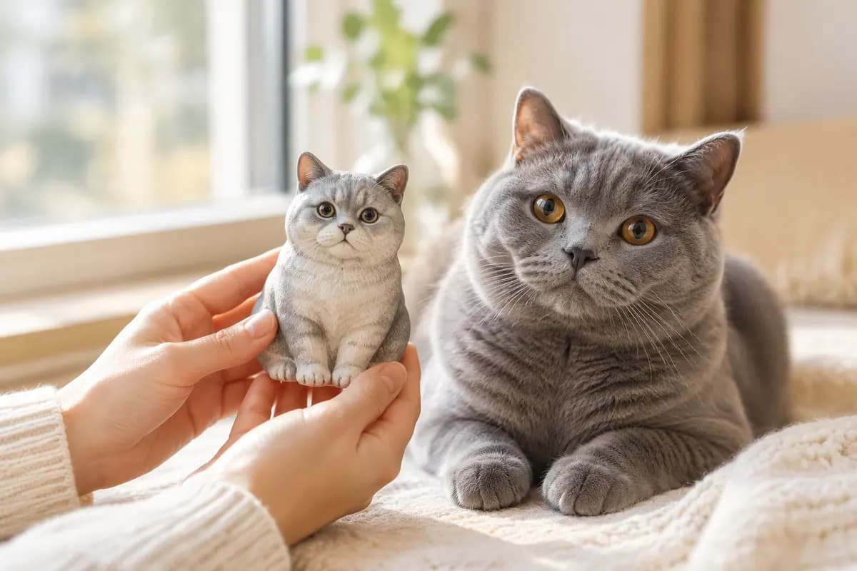 双手捧着英短猫小像，真英短猫就在身边