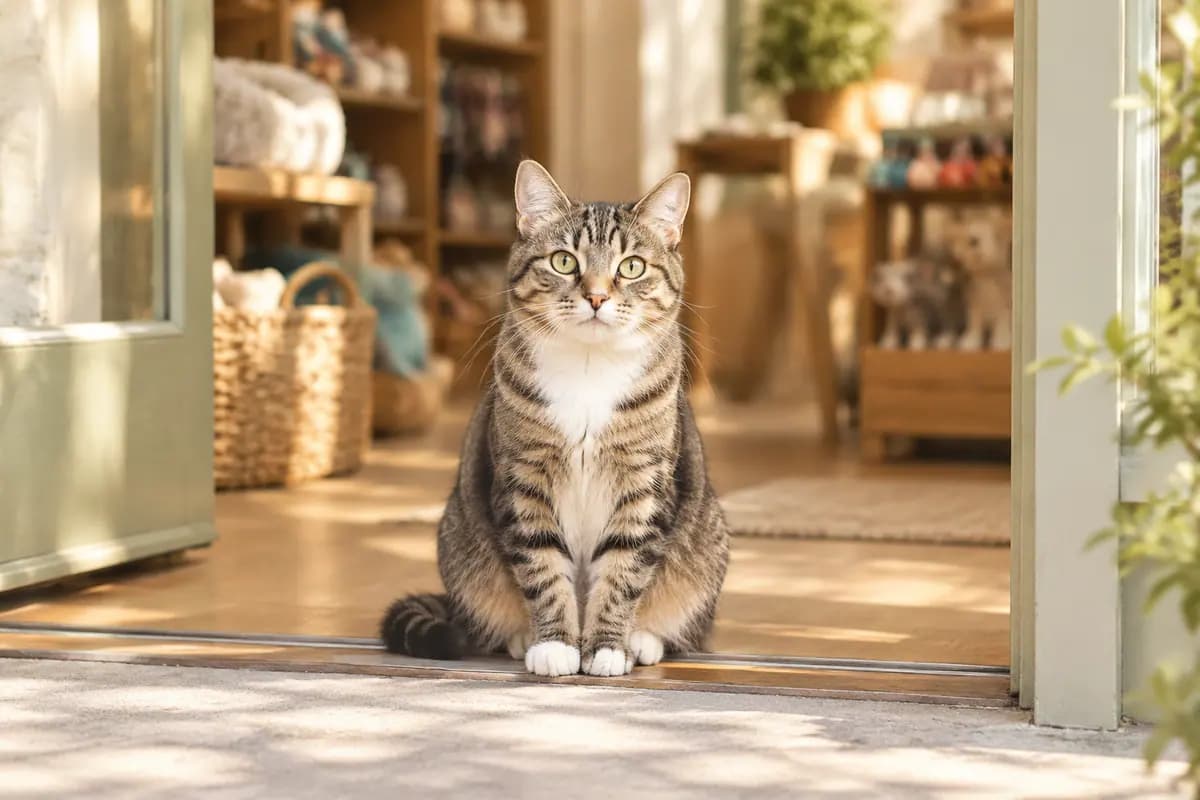 街边宠物店门口，狸花猫坐在门槛上
