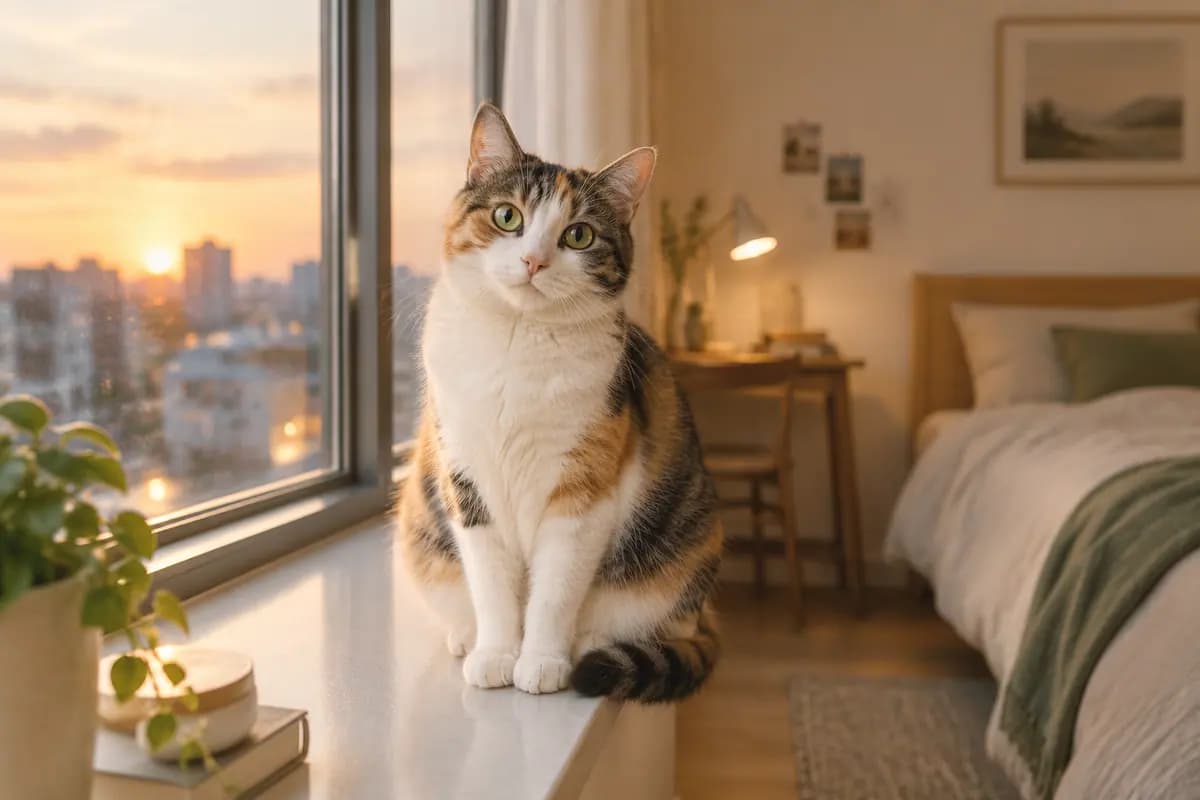 傍晚的小出租屋里，三花猫坐在窗台上