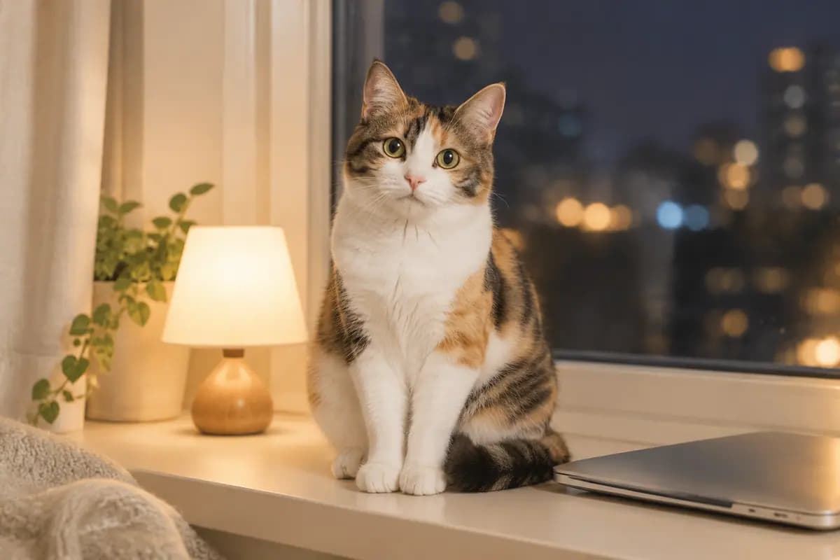 夜里的窗台边，三花猫陪着亮着的小灯