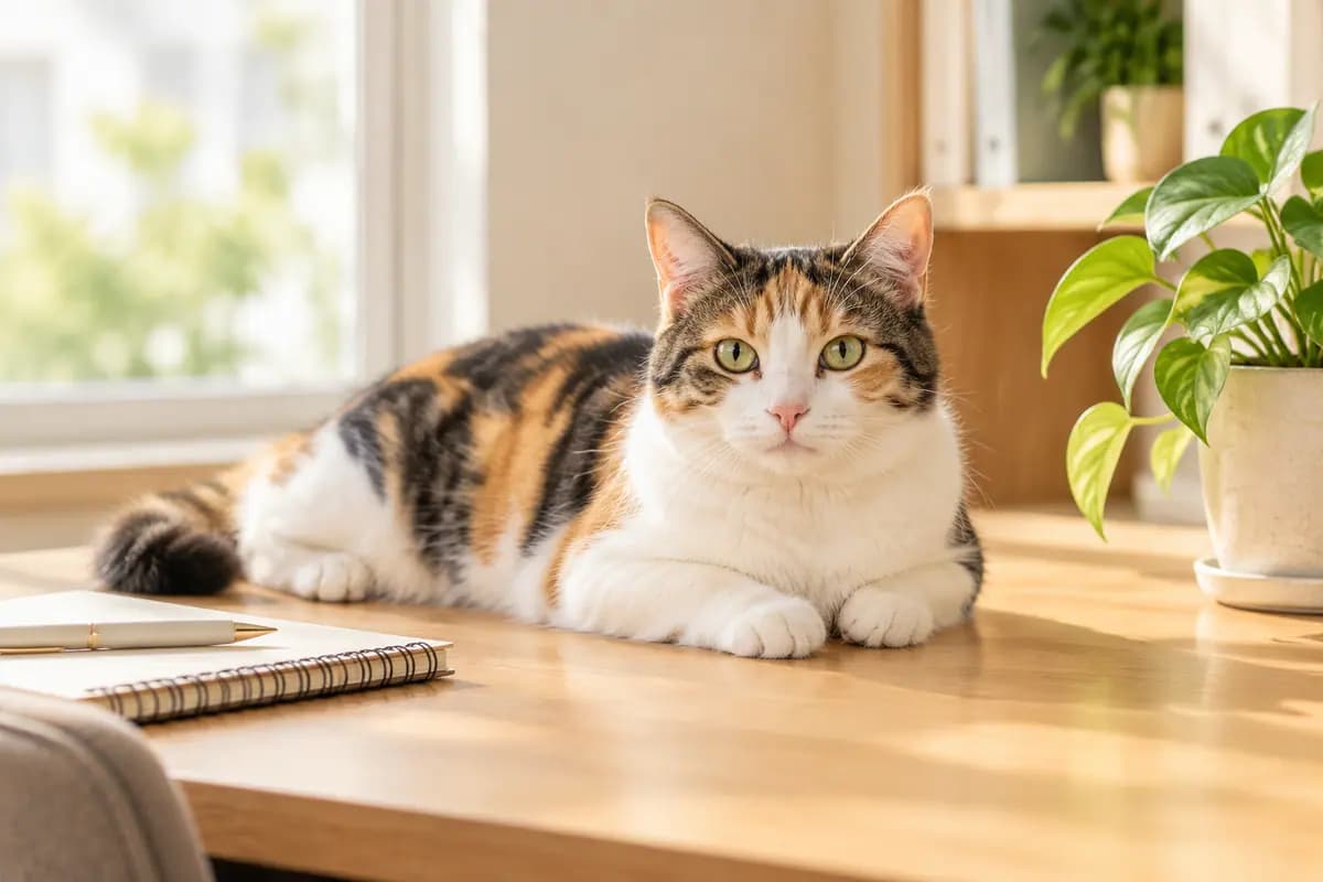 明亮的办公角，三花猫横躺在本子旁