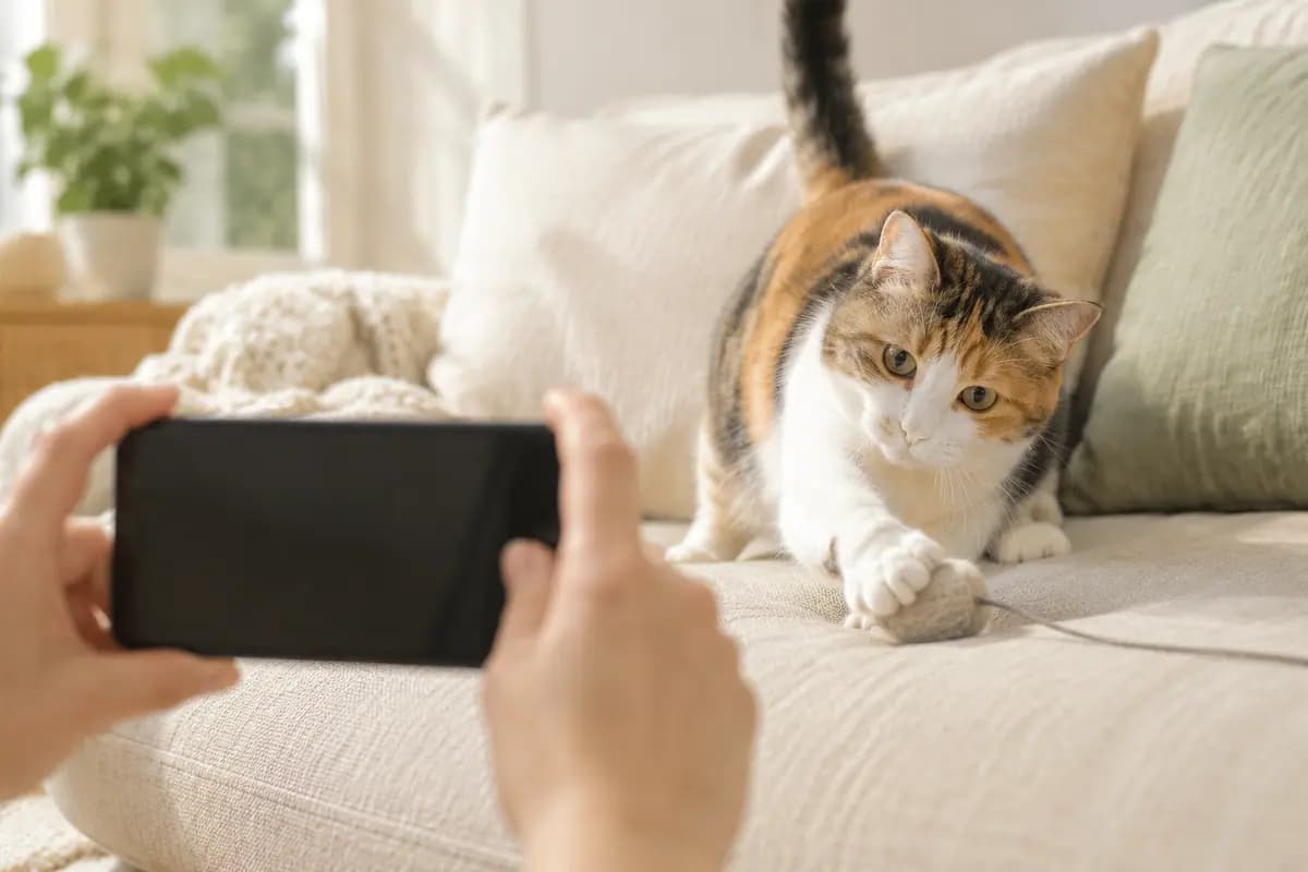 双手举着手机，给沙发上的三花猫拍视频