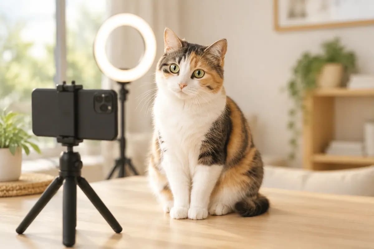 家里的小拍摄角，手机支架对着三花猫