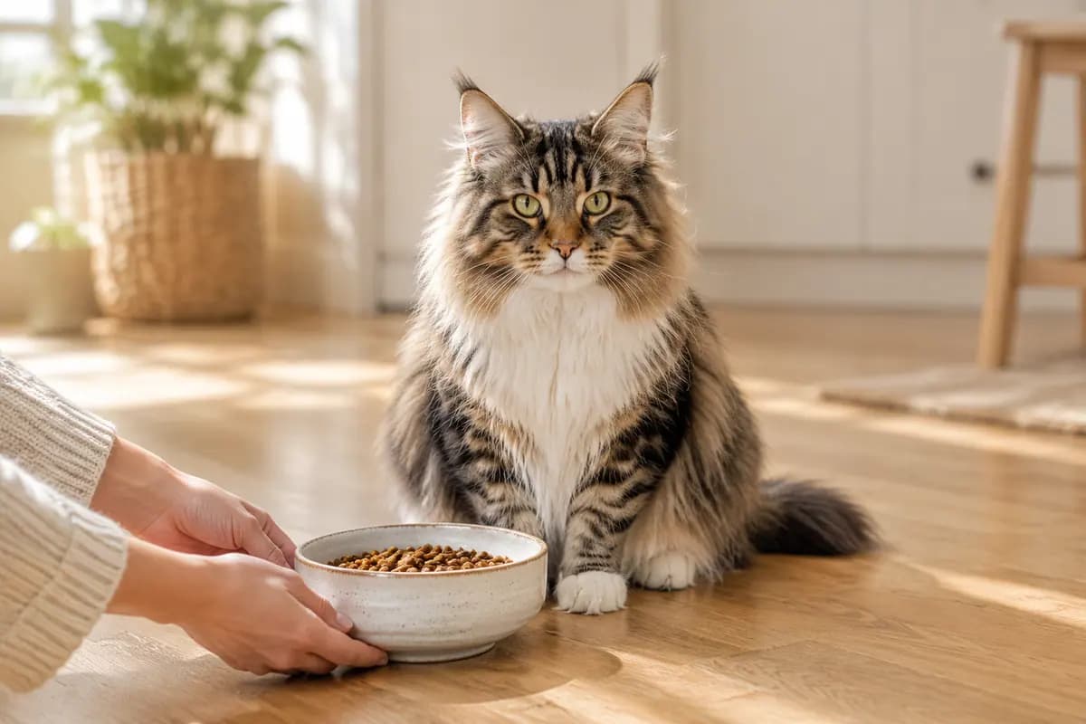 清晨厨房里，缅因猫坐在陶瓷食碗前