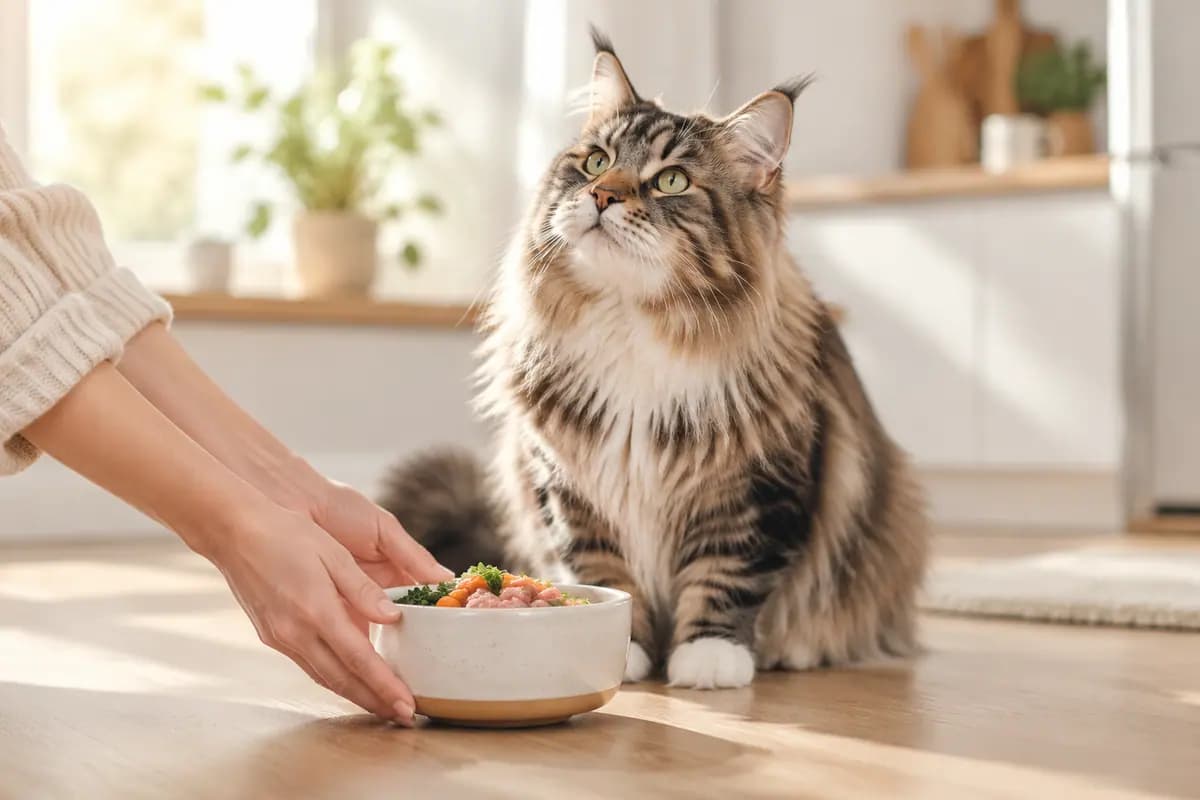 双手放下一碗粮，缅因猫抬头等着
