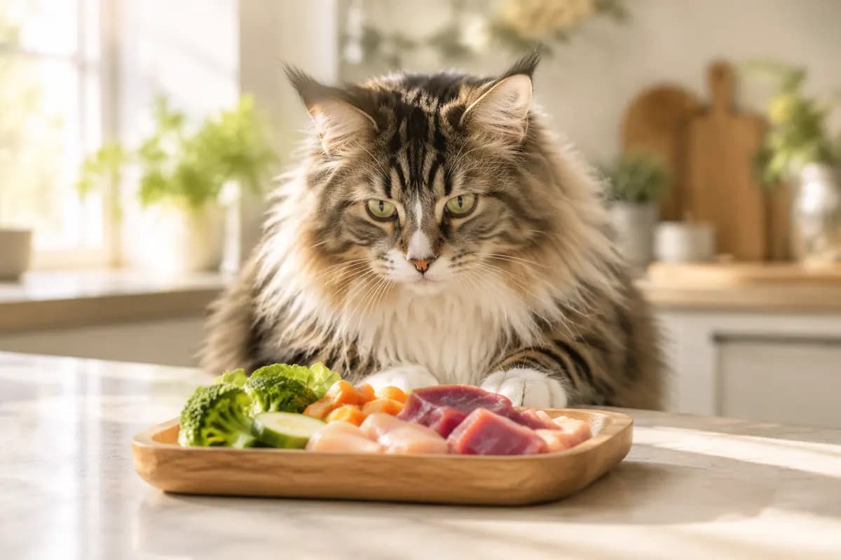 明亮的厨房里，缅因猫守在食材托盘旁