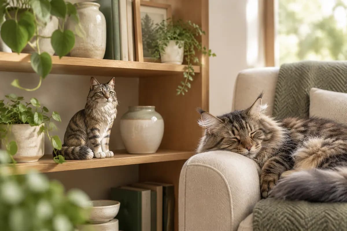 客厅书架上的缅因猫小像，真缅因猫在扶手椅上打盹