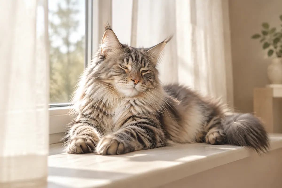 窗台上的阳光里，缅因猫眯着眼晒太阳