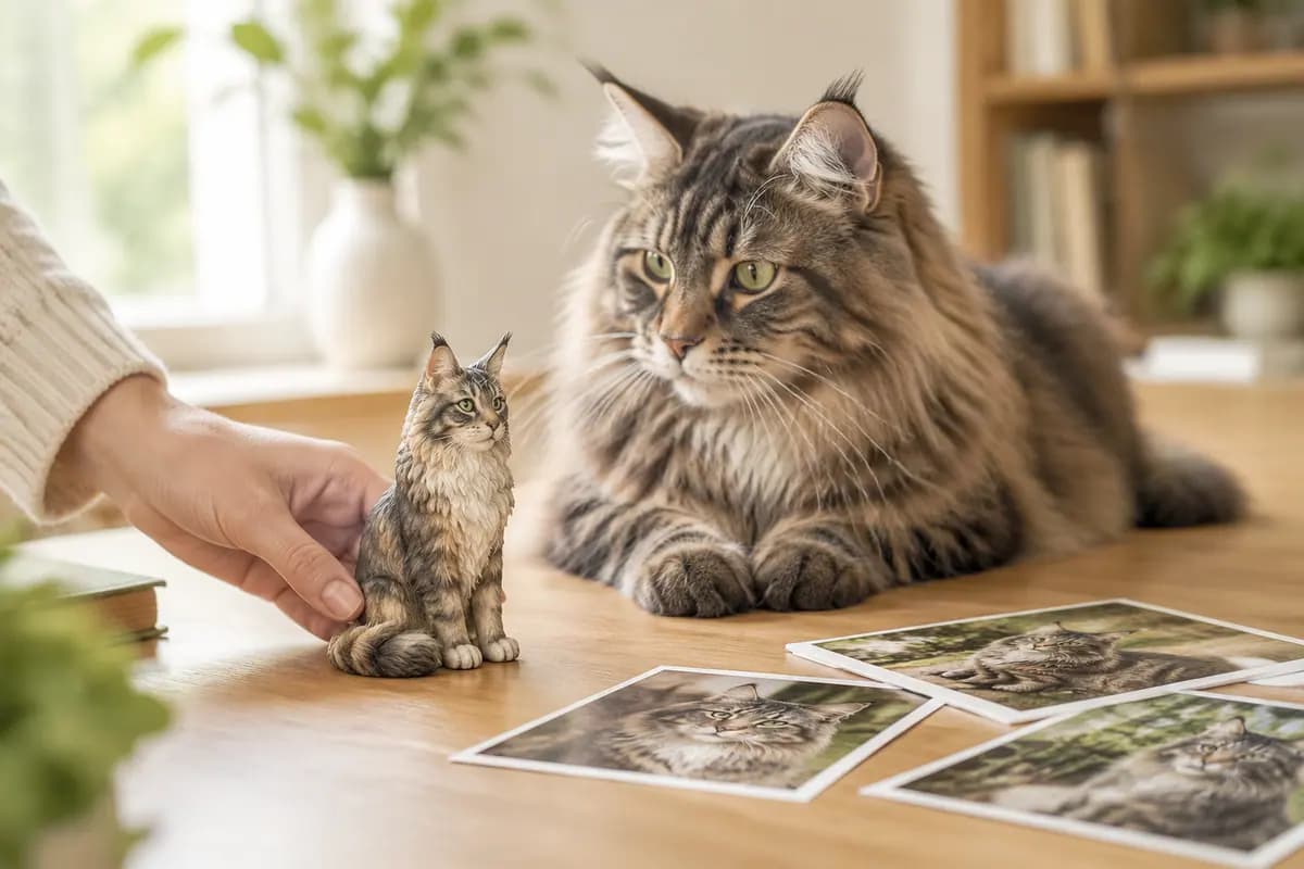 手边放下一只照着照片做的缅因猫小像，真缅因猫在旁边看着