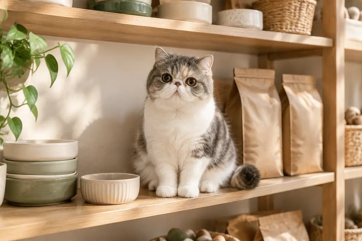 宠物店货架下层，加菲猫安静地看着镜头