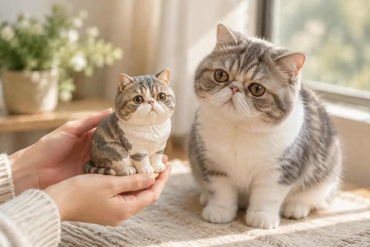 双手捧着加菲猫小像，真加菲猫就在身边