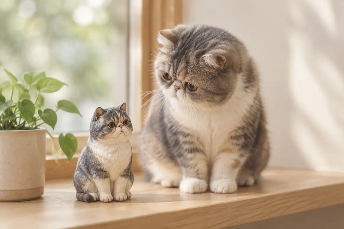 窗台绿植旁的加菲猫小像，真加菲猫好奇地看着它
