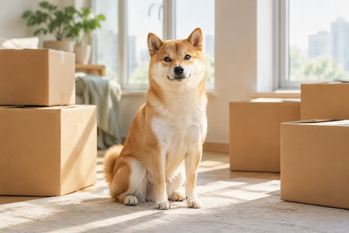 搬家的纸箱中间，柴犬坐在阳光里