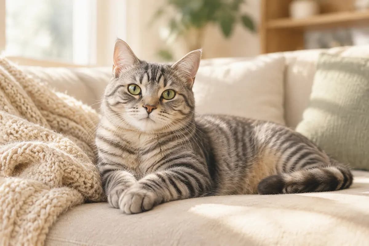 午后的沙发上，灰狸花猫懒洋洋地躺着
