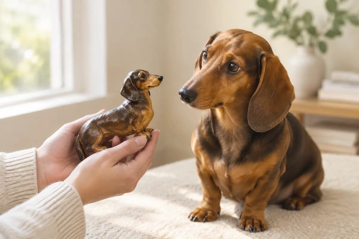 双手捧着腊肠犬小像，真腊肠犬就在身边