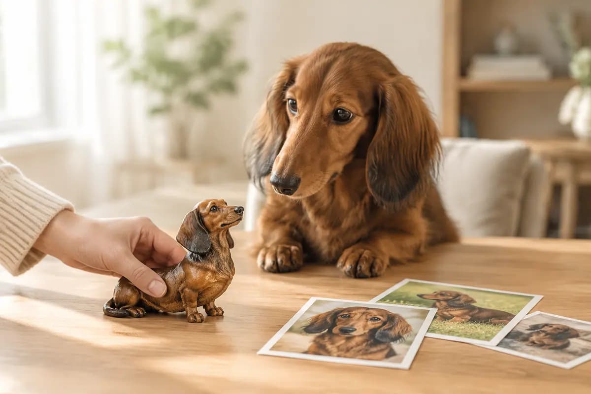手边放下一只照着照片做的腊肠犬小像，真腊肠犬在旁边看着