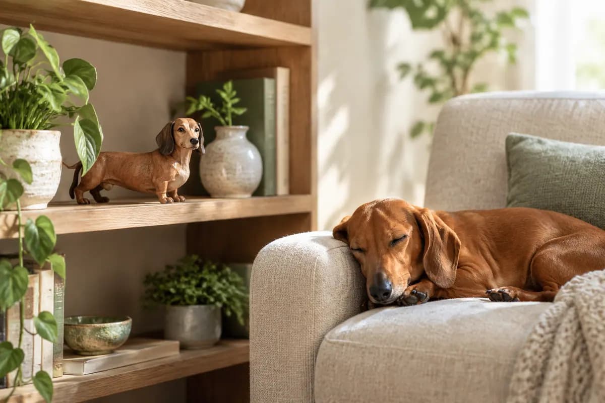 客厅书架上的腊肠犬小像，真腊肠犬在扶手椅上打盹